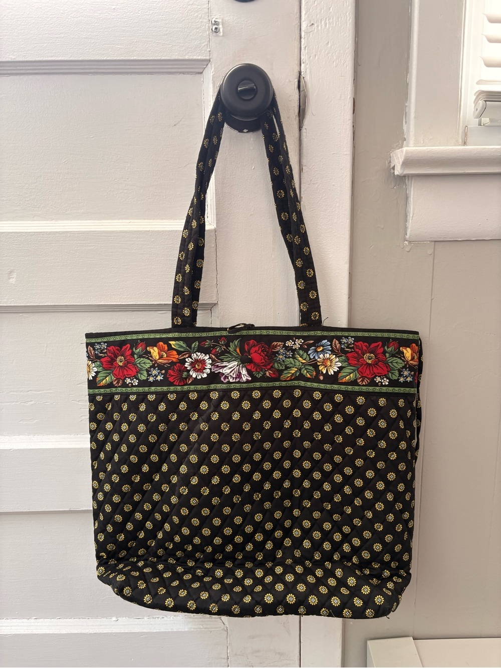 Vera Bradley Black Quilted Tote with Gold Dots & Floral Trim